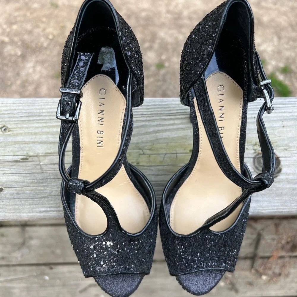 GIANNI BINI Open Toe Black Platform Sparkle Glitter Heels Women’s 7.5